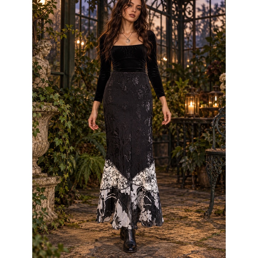 Vintage Spencer Alexis Silk Maxi Skirt 6 Whimsigoth Fairy Grunge Lace Floral